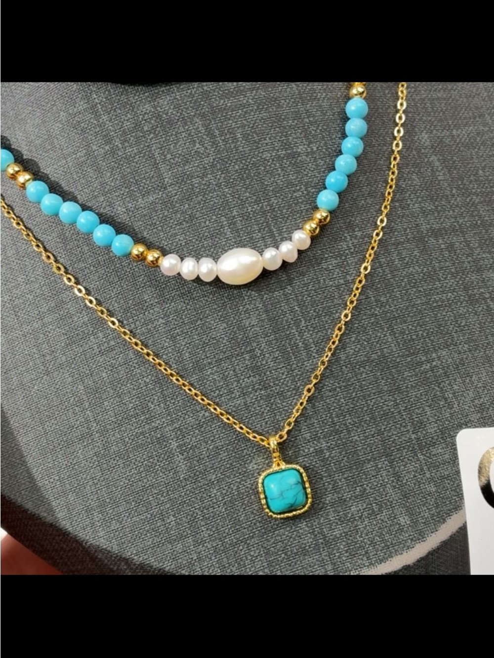 Gold Turquoise and freshwater Pearl Layered Women's Necklace